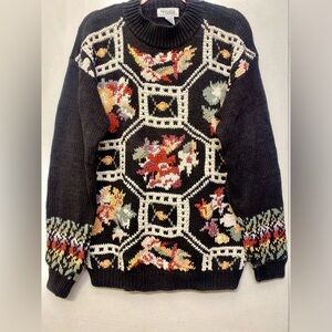 Richards & Jones Vintage Floral Knit Oversized Black Sweater Women’s Size Medium